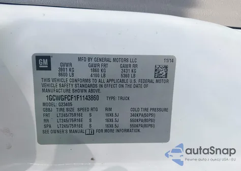 2015 Chevrolet Express z USA, uszkodzony, nr VIN 1GCWGFCF1F1143860